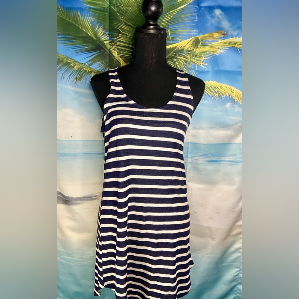 Tresics summer dress or cover up navy and cream stripes size small